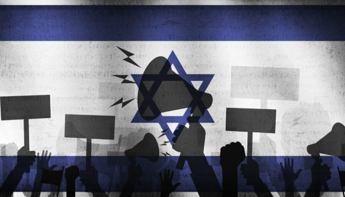 Israel protest concept background with waving flag and silhouette design. Protest in Israel backdrop design