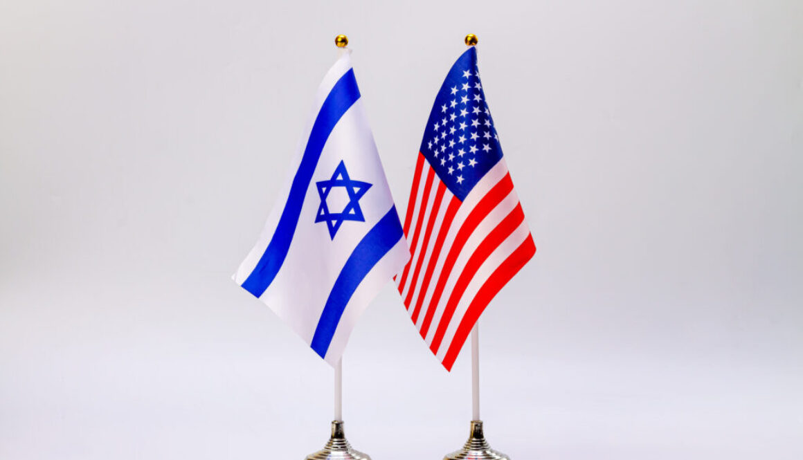 State flags of Israel and the USA on a light background. Flags of states.