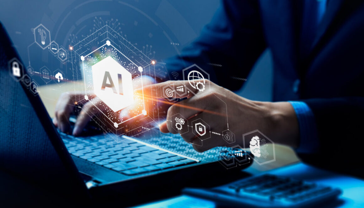 Businessman touching the brain working of Artificial Intelligence (AI) Automation, Predictive analytics, Customer service AI-powered chatbot, analyze customer data, business and technology