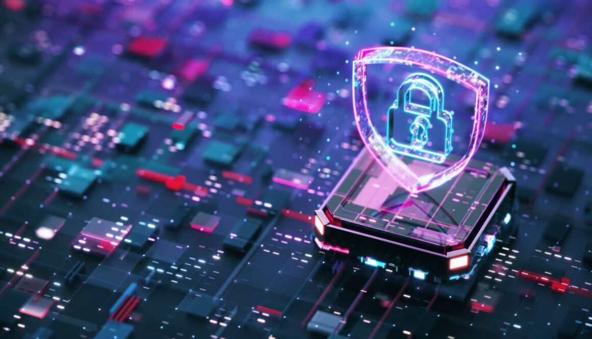 Digital security concept. Digital shield firewall with central computer processor and futuristic motherboard.