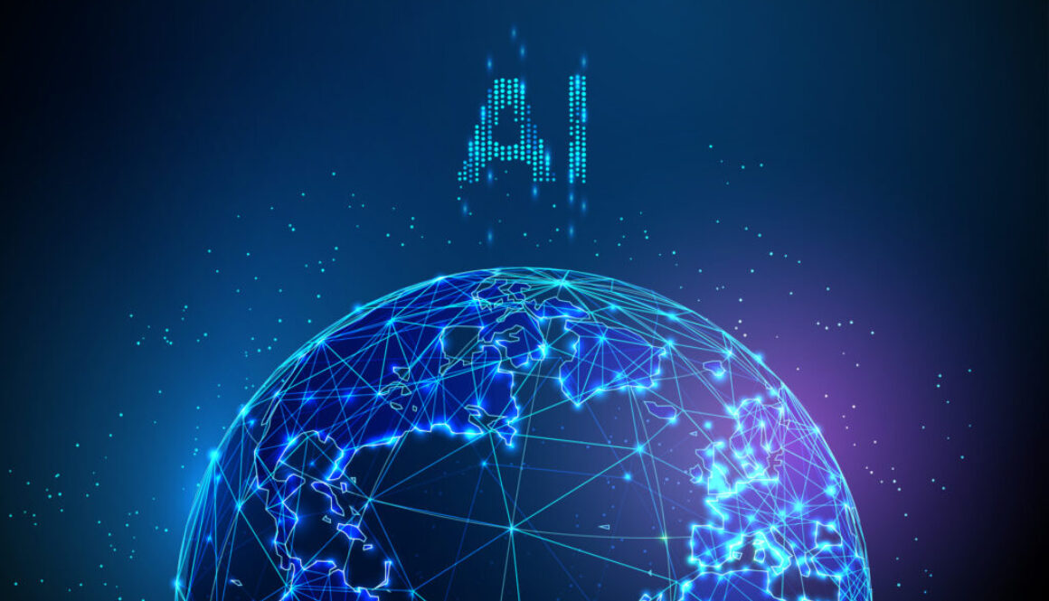 Planet Earth with AI letters Global data analysis, planetary computing, machine learning, predictive modeling, intelligent systems, data-driven decision making concept