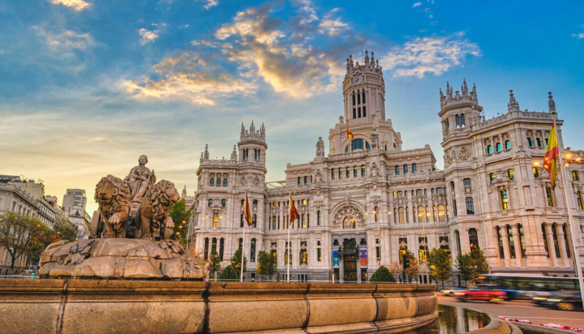 Madrid Spain, sunrise city skyline at Cibeles Fountain Town Square