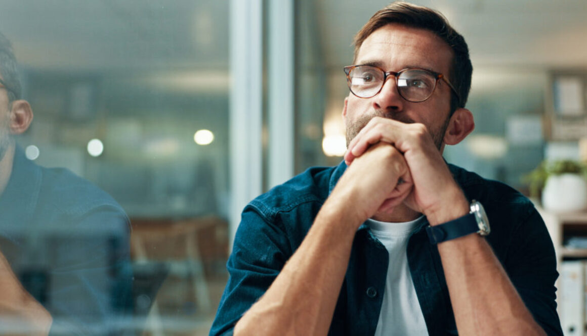 Reflection, thinking and business man with idea, creative insight or professional mindset. Planning, vision and serious worker with inspiration, problem solving and writer by glass in startup office