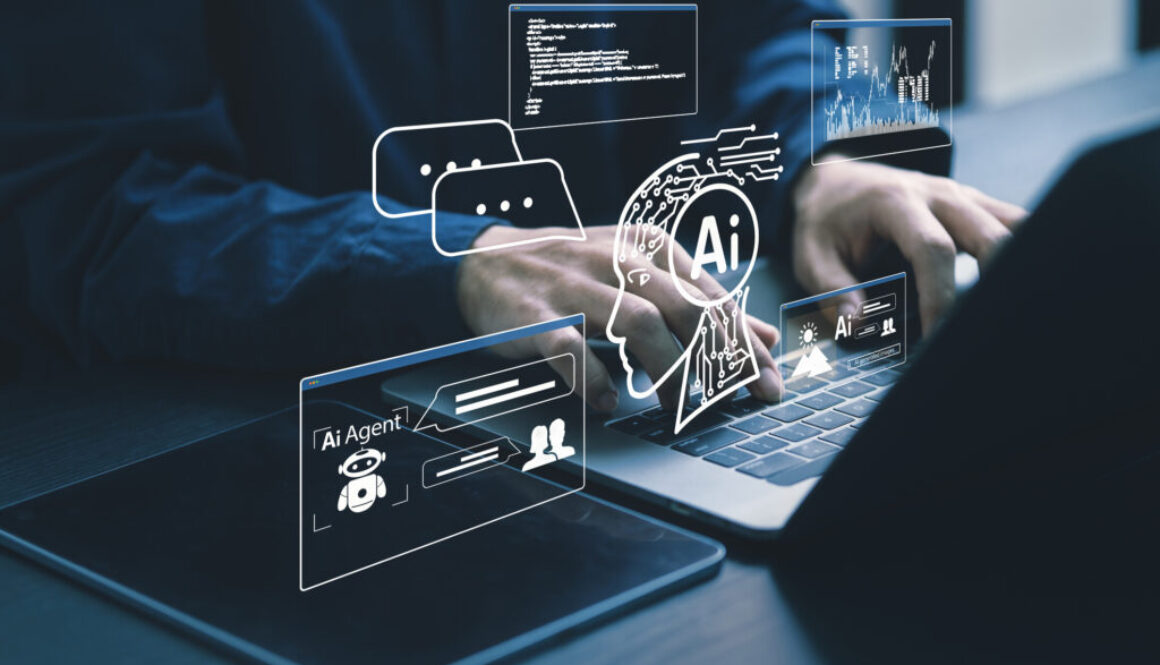 Humans are using laptops and computers to interact with AI, helping them create, code, train AI, or analyze big data with fast, cutting-edge technology.