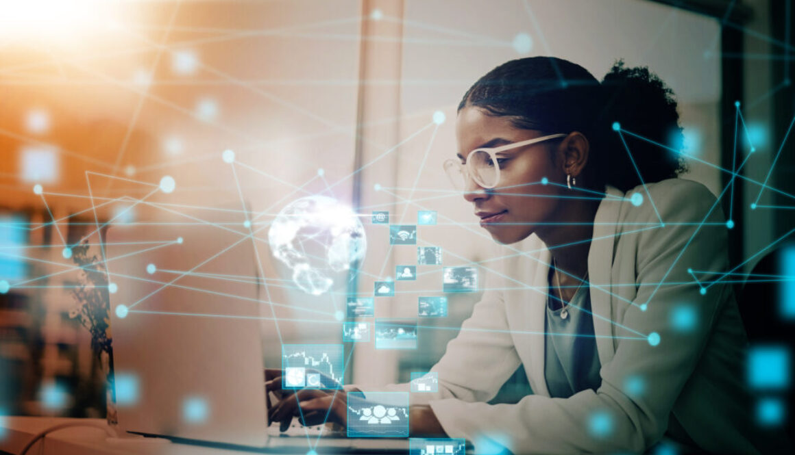 Business woman, AI and laptop with hologram, UX and networking for forex trading icon in office using virtual platform. Female using global technology for futuristic communication and innovation