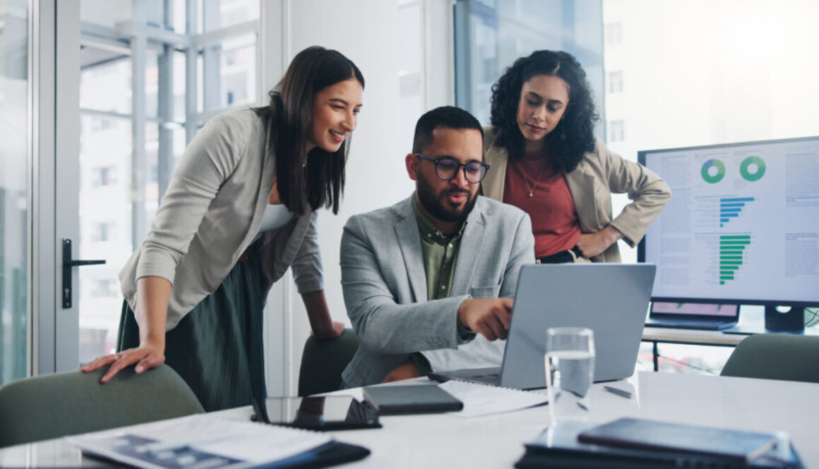 Teamwork, meeting and ideas for solution or decision for business, workplace or company. Group, people and discussion with technology in planning, collaboration for growth in brainstorming or project